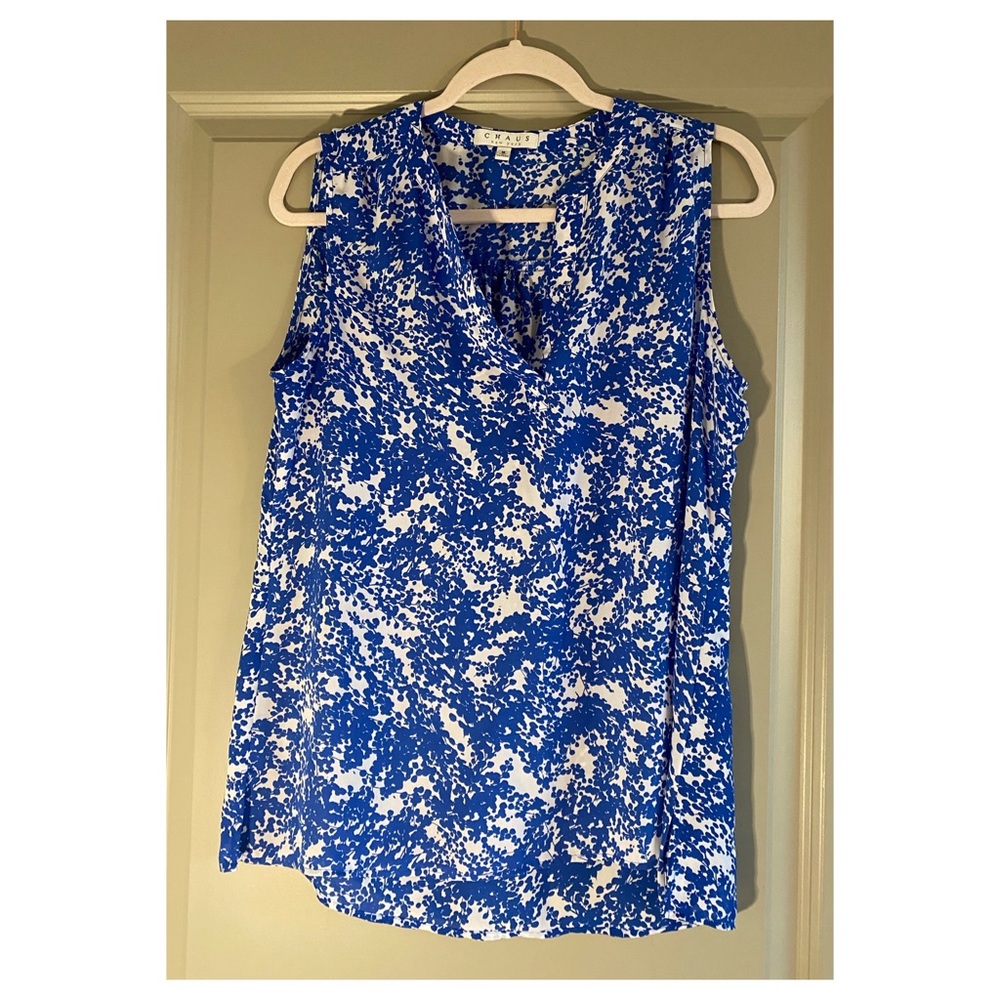 Chaus New York tank blouse in royal blue and white floral pattern